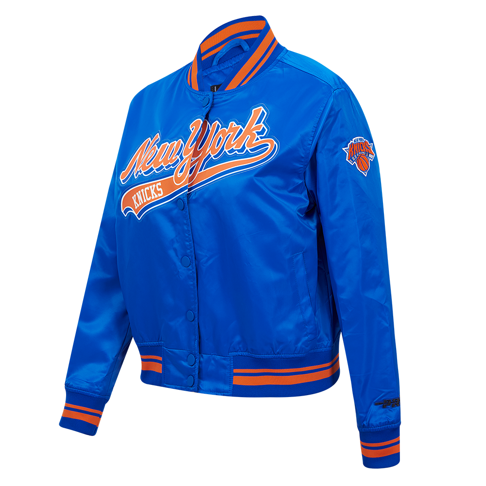 NBA NEW YORK KNICKS SCRIPT TAIL WOMEN'S SATIN JACKET (ROYAL/ORANGE/ROYAL)