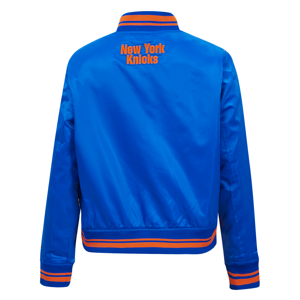 NBA NEW YORK KNICKS SCRIPT TAIL WOMEN'S SATIN JACKET (ROYAL/ORANGE/ROYAL)