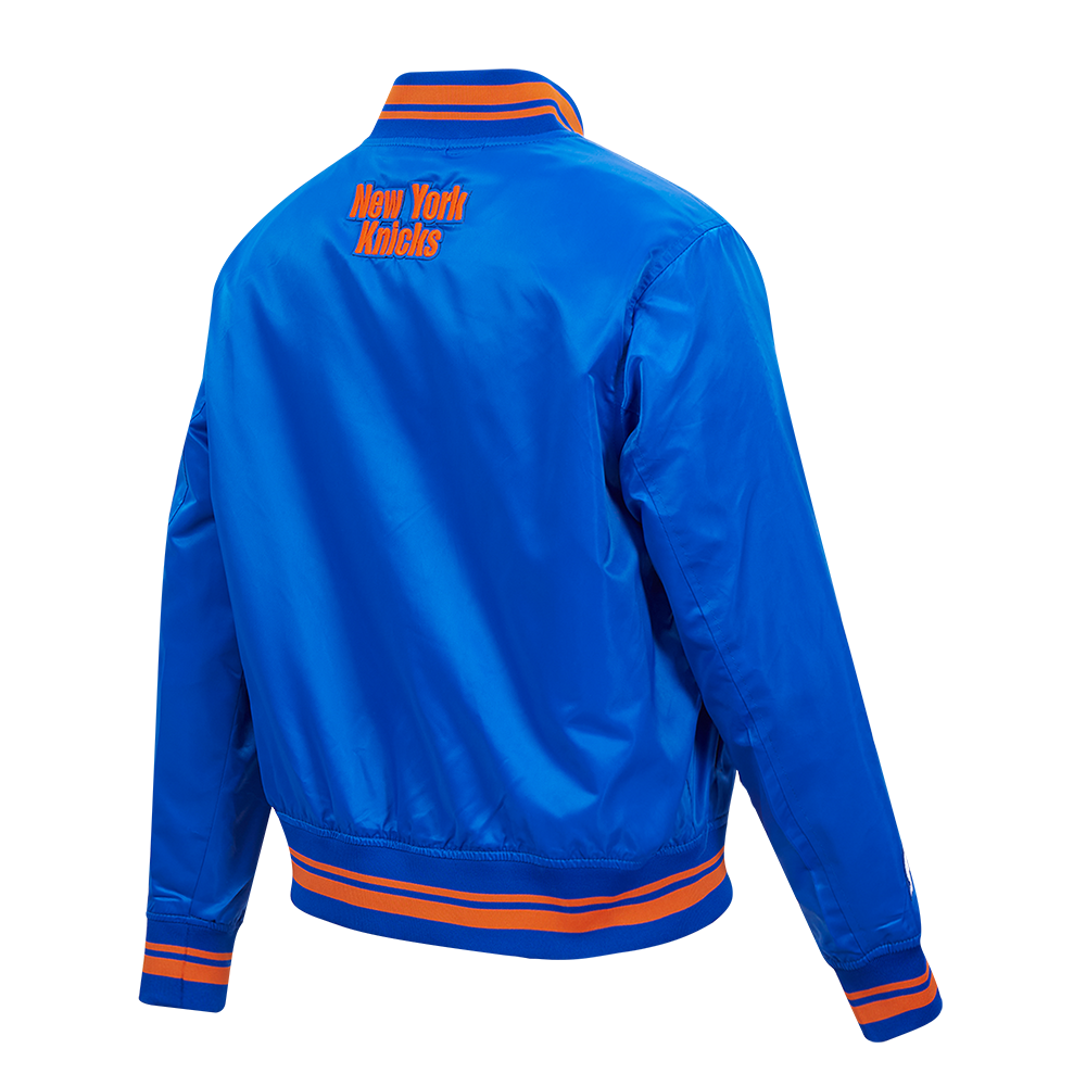 NBA NEW YORK KNICKS SCRIPT TAIL WOMEN'S SATIN JACKET (ROYAL/ORANGE/ROYAL)