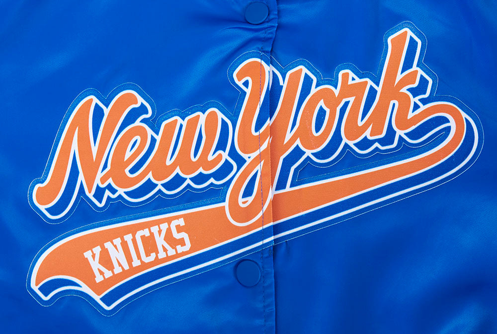 NBA NEW YORK KNICKS SCRIPT TAIL WOMEN'S SATIN JACKET (ROYAL/ORANGE/ROYAL)