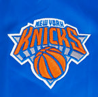 NBA NEW YORK KNICKS SCRIPT TAIL WOMEN'S SATIN JACKET (ROYAL/ORANGE/ROYAL)