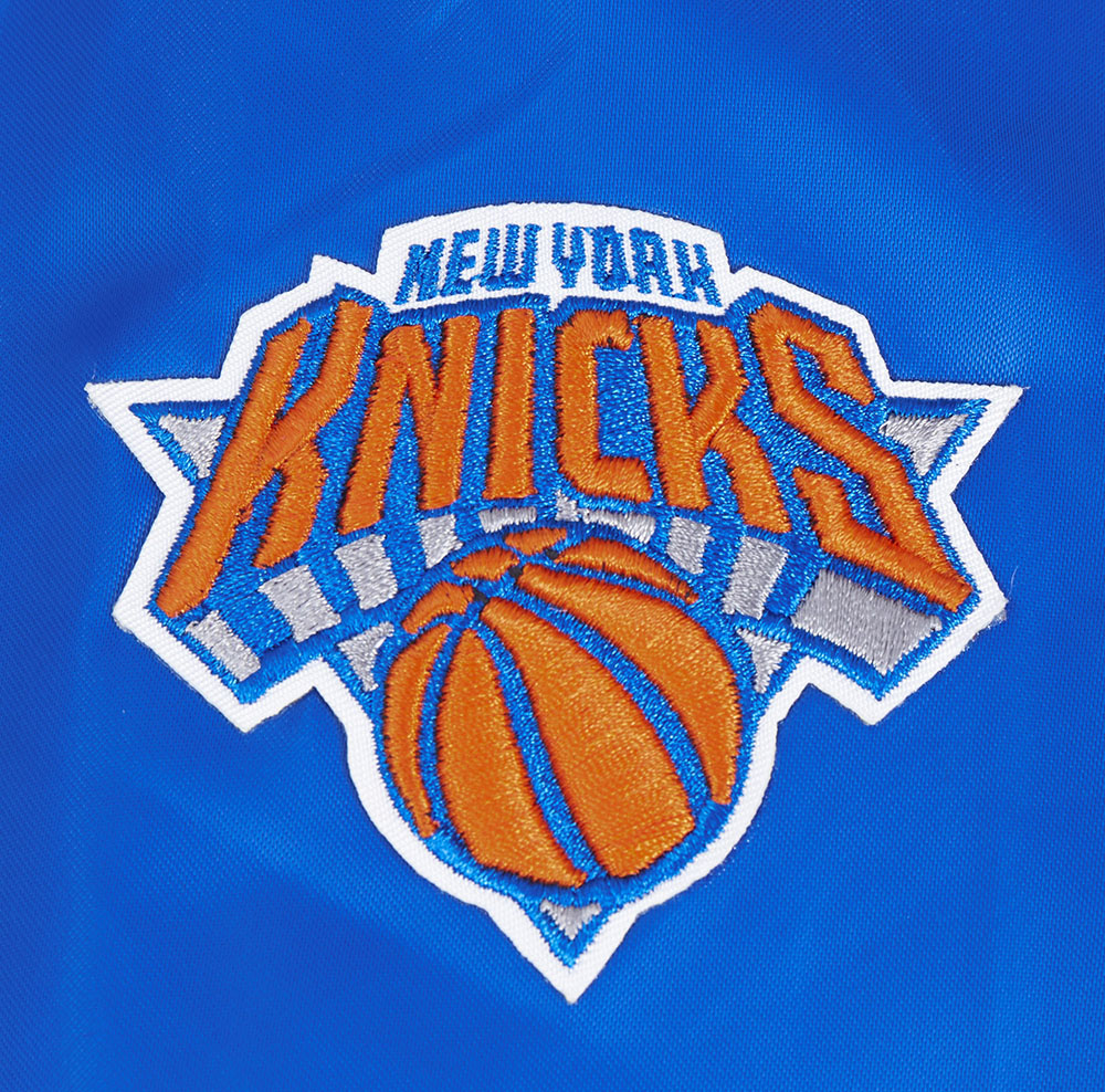NBA NEW YORK KNICKS SCRIPT TAIL WOMEN'S SATIN JACKET (ROYAL/ORANGE/ROYAL)