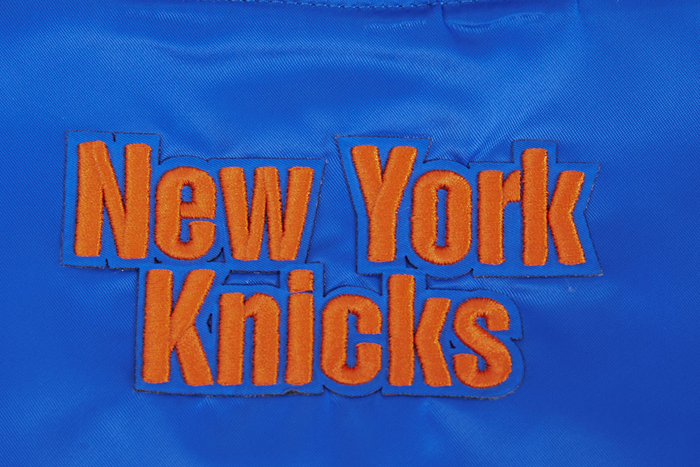 NBA NEW YORK KNICKS SCRIPT TAIL WOMEN'S SATIN JACKET (ROYAL/ORANGE/ROYAL)