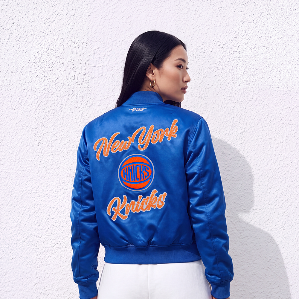 NBA NEW YORK KNICKS TEAM CRYSTALLINE WOMEN'S SATIN JACKET (ROYAL BLUE)