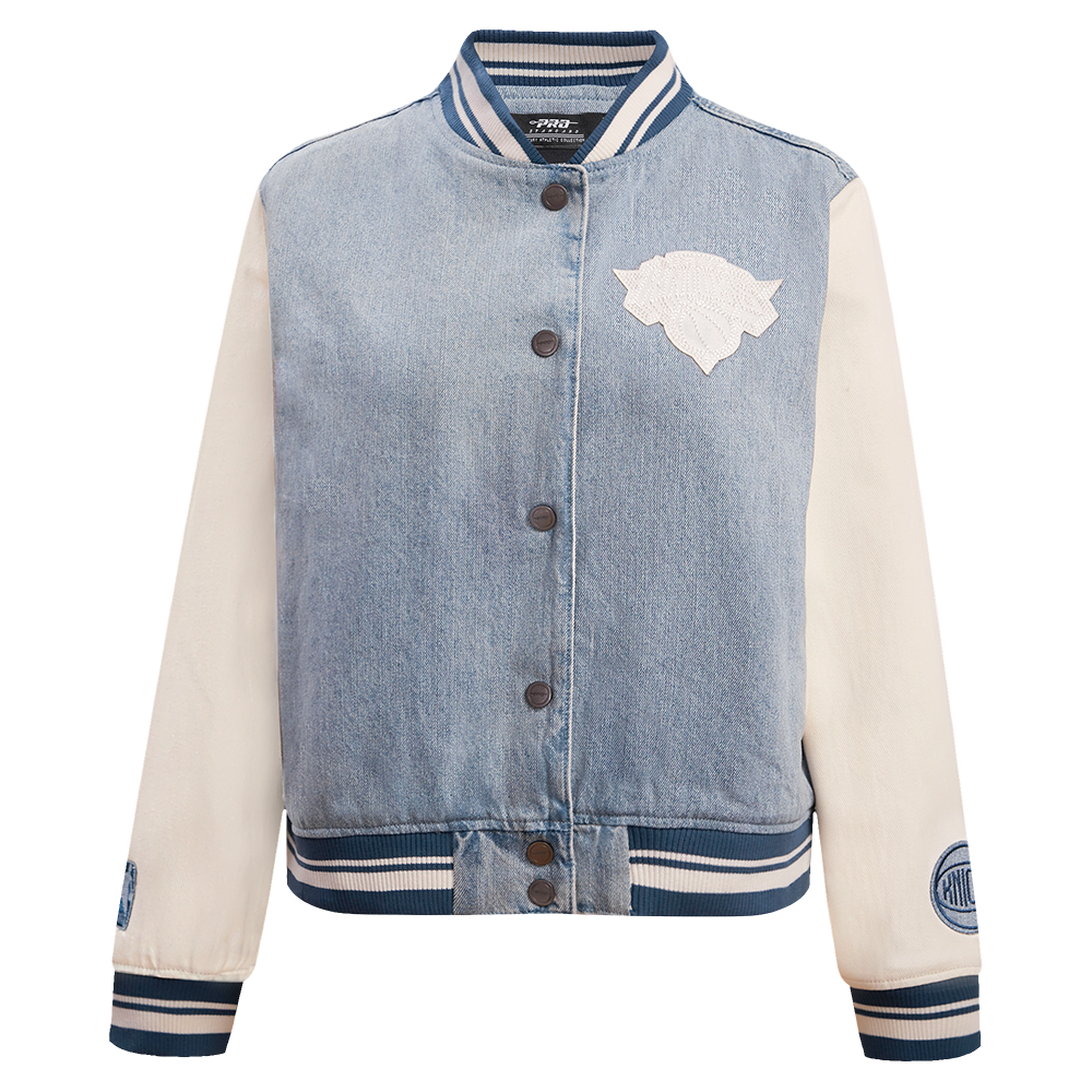 NBA NEW YORK KNICKS VARSITY BLUES WOMEN'S DENIM VARSITY JACKET (DENIM/LINEN)