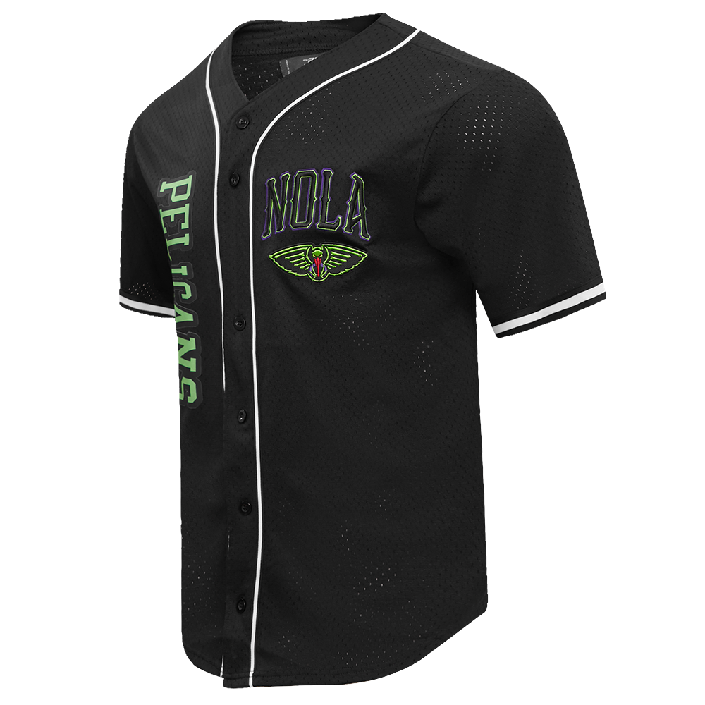 NBA NEW ORLEANS PELICANS MARDI GRAS MEN'S CHEST MESH BUTTON DOWN SHIRT (BLACK)