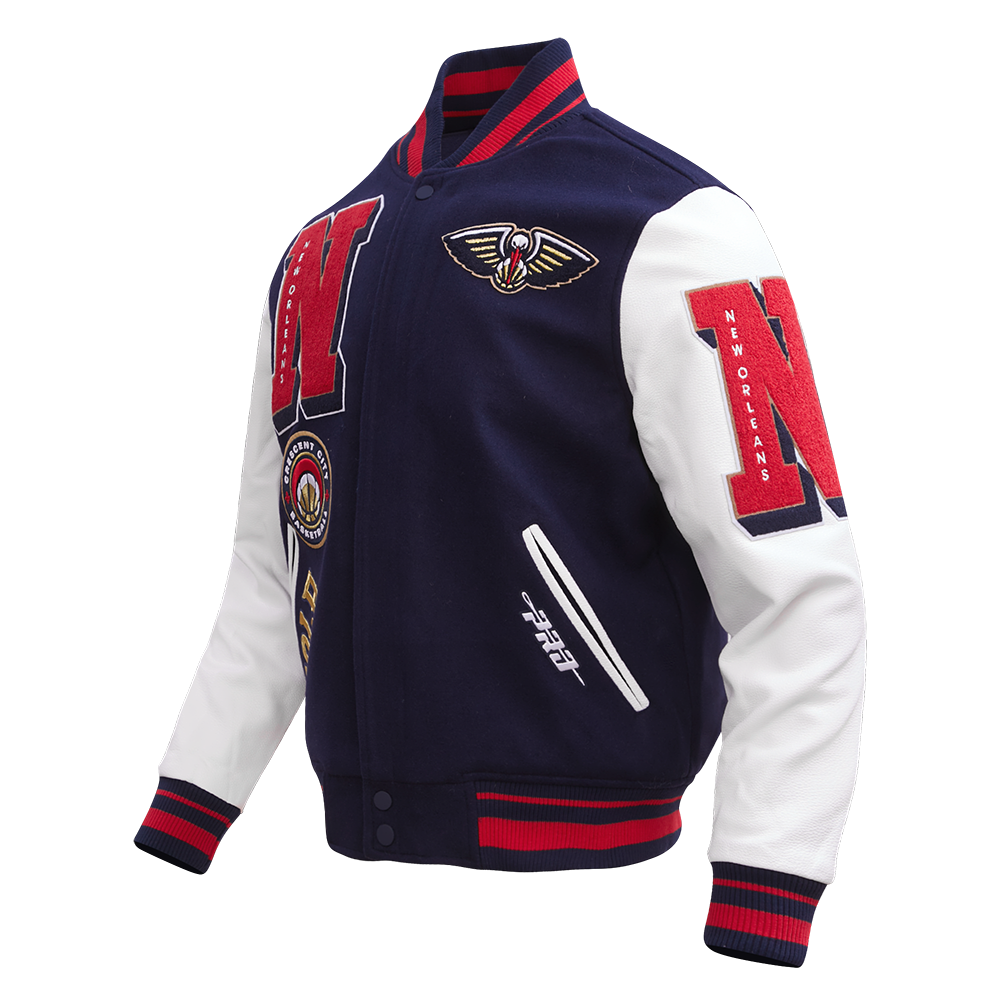 NBA NEW ORLEANS PELICANS MASH UP BLOUSON COLLÉGIAL EN LAINE À BORDS CÔTELÉS POUR HOMME (MARINE MINUIT/ROUGE/MARINE MINUIT)