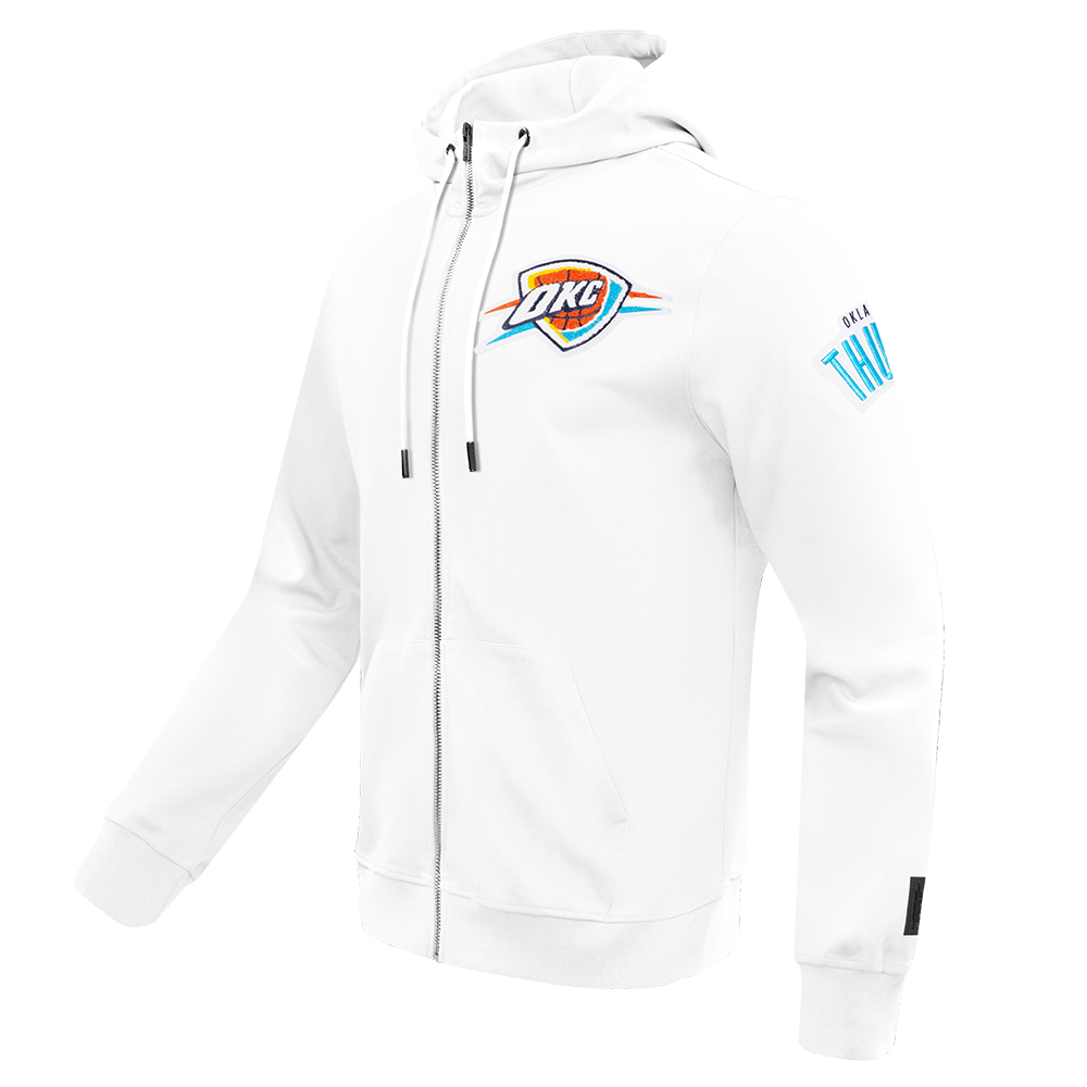 NBA OKLAHOMA CITY THUNDER CLASSIC CHENILLE MEN'S FULL ZIP PULLOVER HOODIE (WHITE)