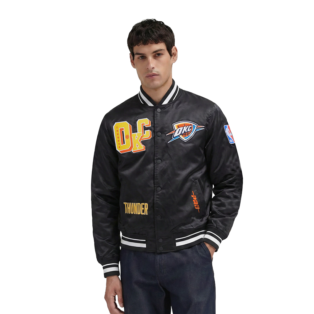 NBA OKLAHOMA CITY THUNDER BEST OF BLOUSON EN SATIN À BORDS CÔTELÉS POUR HOMME (NOIR)