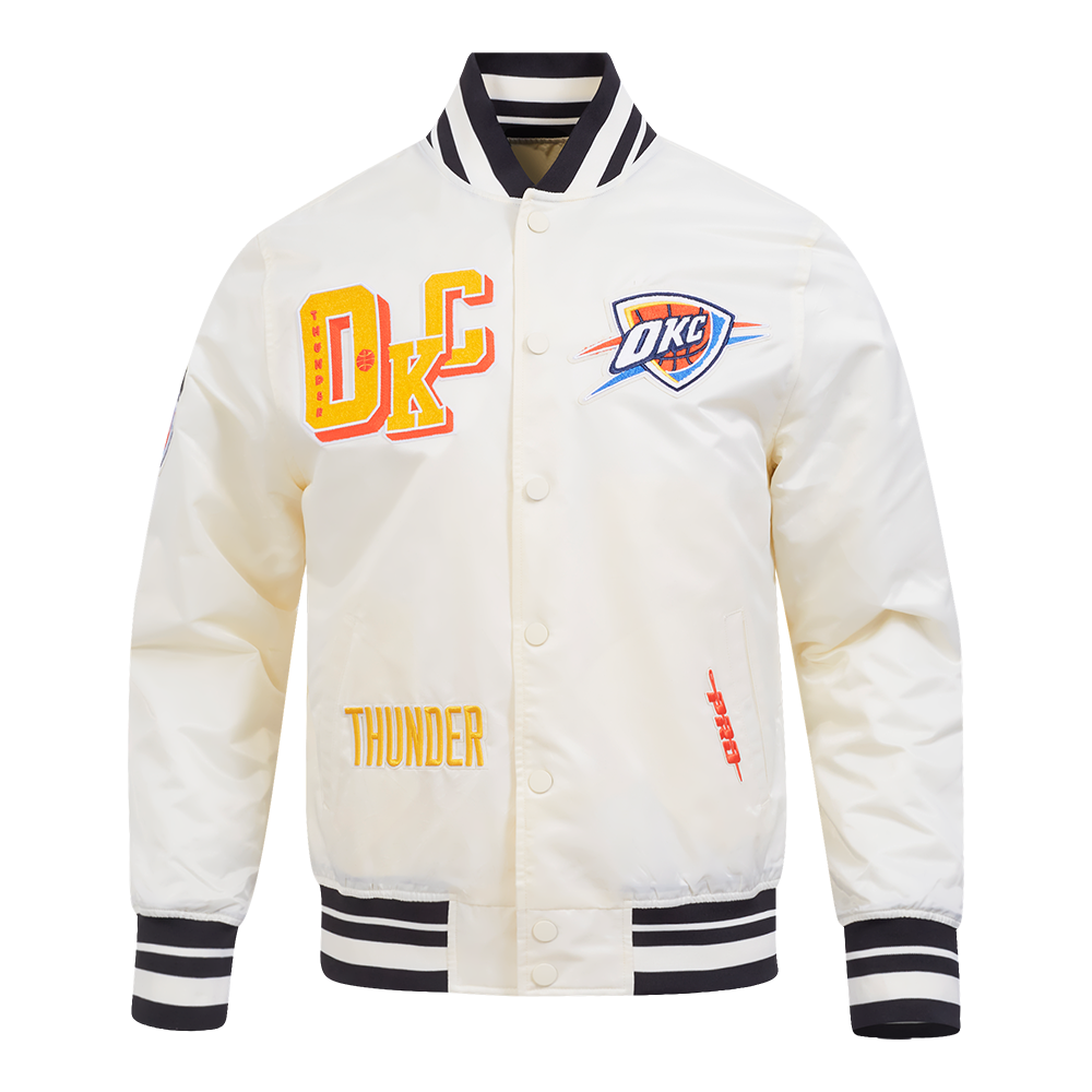 NBA OKLAHOMA CITY THUNDER BEST OF MEN'S RIB SATIN JACKET (EGGSHELL/ BLACK)