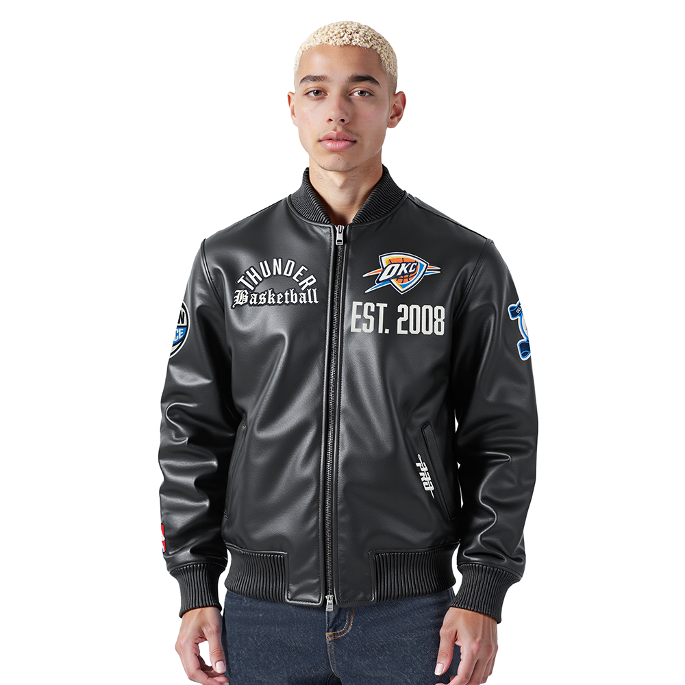 NBA OKLAHOMA CITY THUNDER MODERN ORIGINALS MEN'S LEATHER VARSITY JACKET (JET BLACK)
