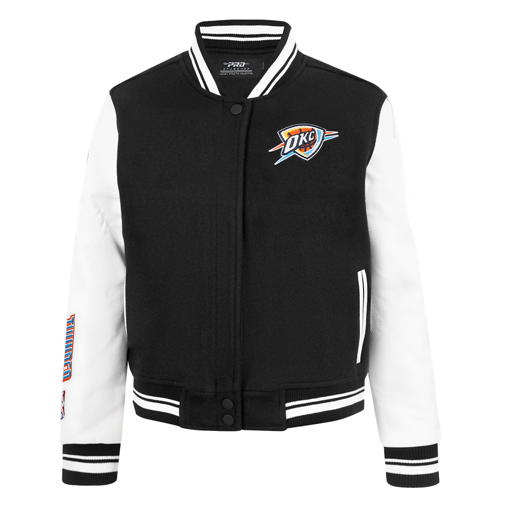 NBA OKLAHOMA CITY THUNDER CLASSIC WOMEN'S WOOL VARSITY JACKET (BLACK/WHITE)