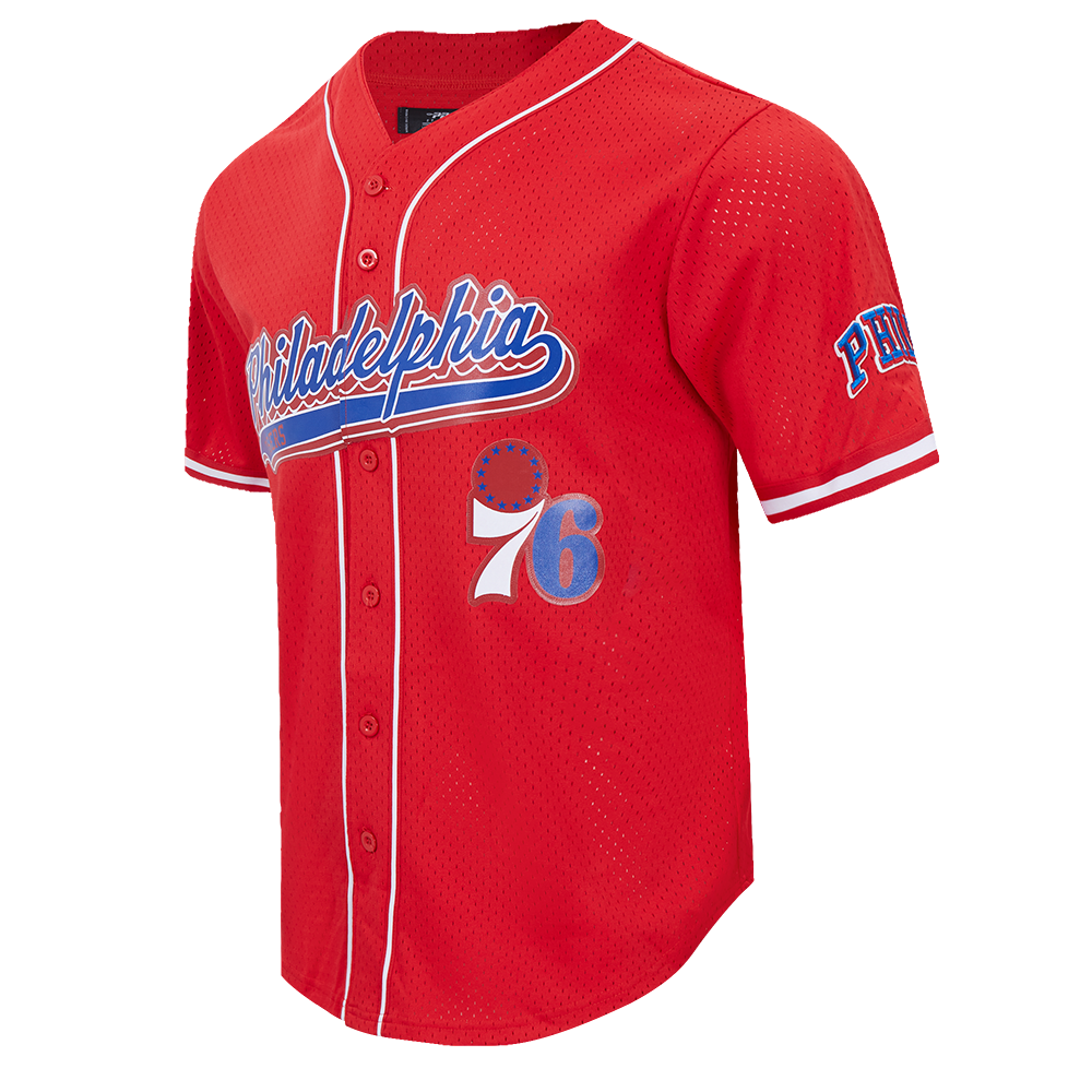 NBA PHILADELPHIA 76ers SCRIPT TAIL MEN'S MESH BUTTON DOWN SHIRT (RED)