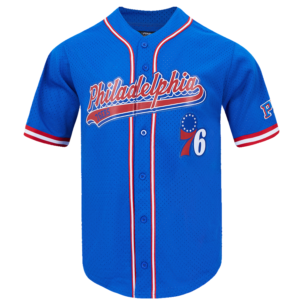 NBA PHILADELPHIA 76ERS SCRIPT TAIL CHEMISE BOUTONNÉE EN FILET POUR HOMME (BLEU ROYAL/ROUGE)