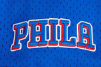 NBA PHILADELPHIA 76ERS SCRIPT TAIL CHEMISE BOUTONNÉE EN FILET POUR HOMME (BLEU ROYAL/ROUGE)