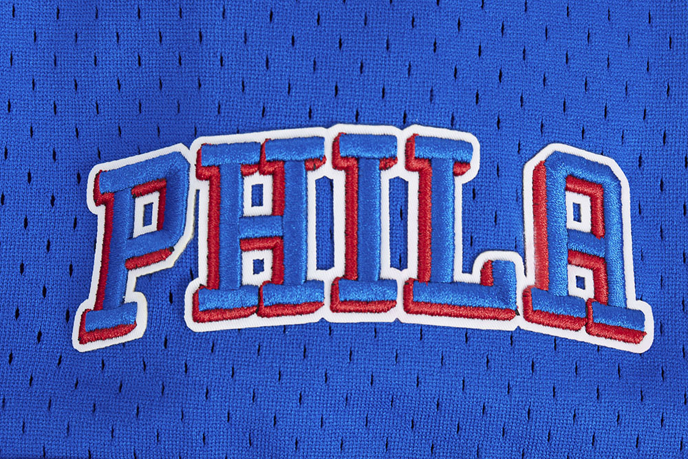 NBA PHILADELPHIA 76ERS SCRIPT TAIL CHEMISE BOUTONNÉE EN FILET POUR HOMME (BLEU ROYAL/ROUGE)