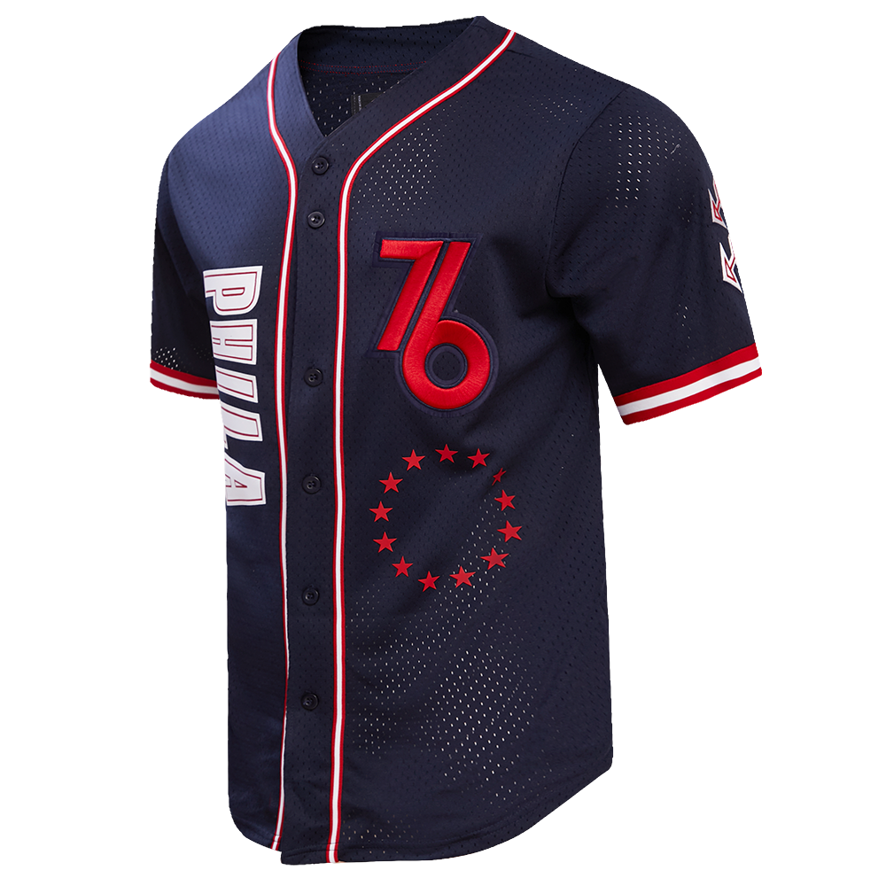 NBA PHILADELPHIA 76ERS CHEST CITY OF BROTHERLY LOVE MEN'S MESH BUTTON DOW (MIDNIGHT NAVY/RED)