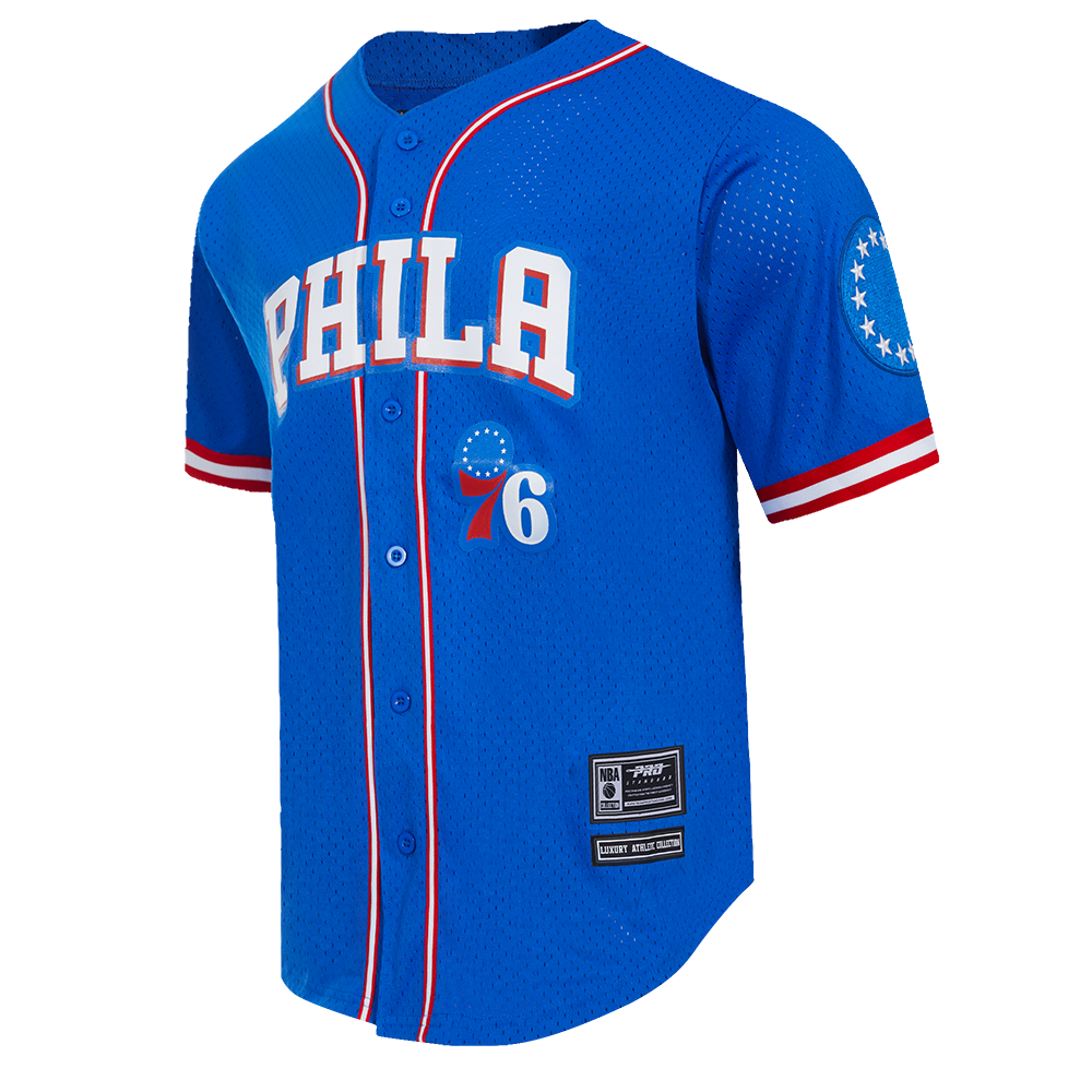 NBA PHILADELPHIA 76ERS CLASSIC MEN'S MESH BUTTON DOWN JERSEY (ROYAL BLUE/RED)