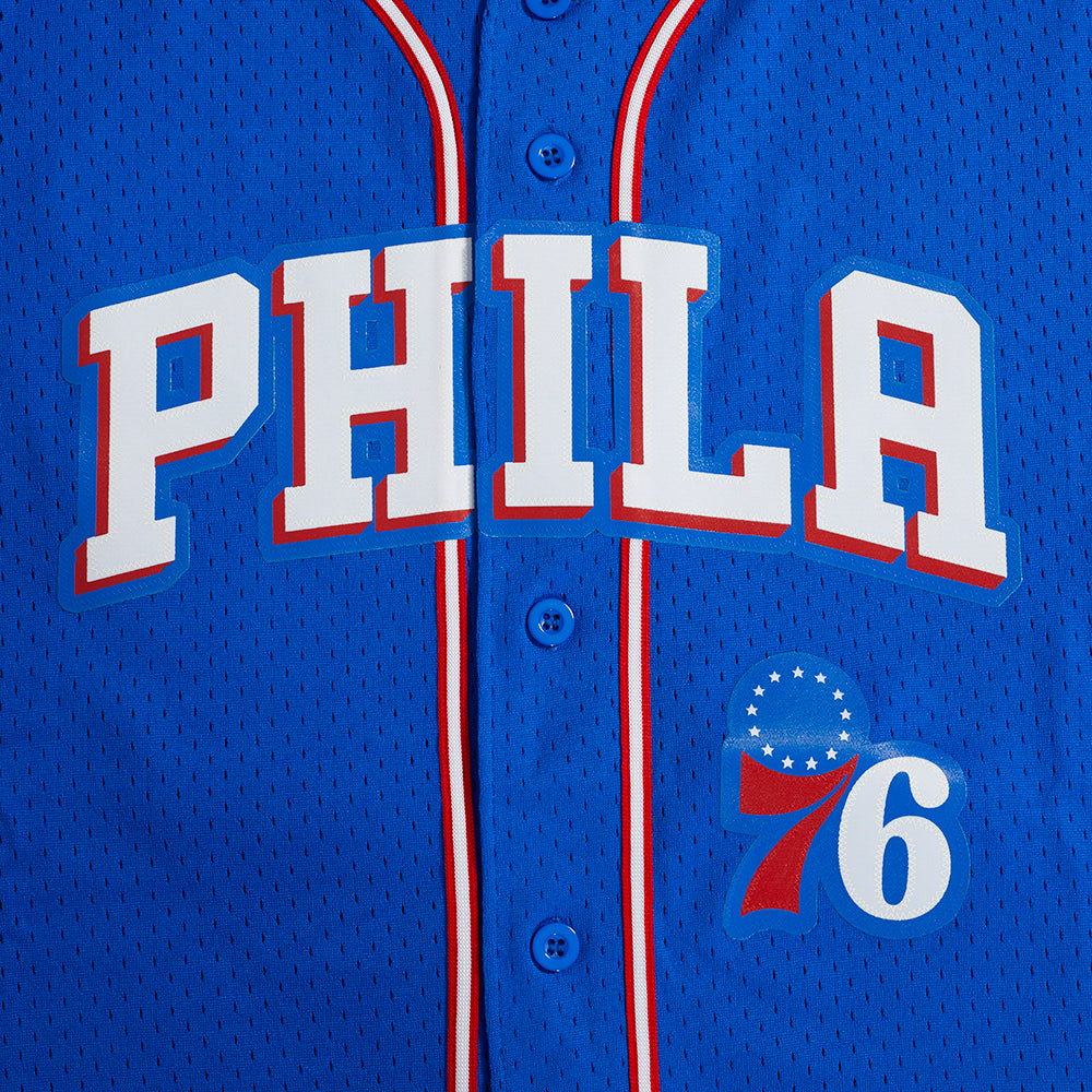 NBA PHILADELPHIA 76ERS CLASSIC MEN'S MESH BUTTON DOWN JERSEY (ROYAL BLUE/RED)