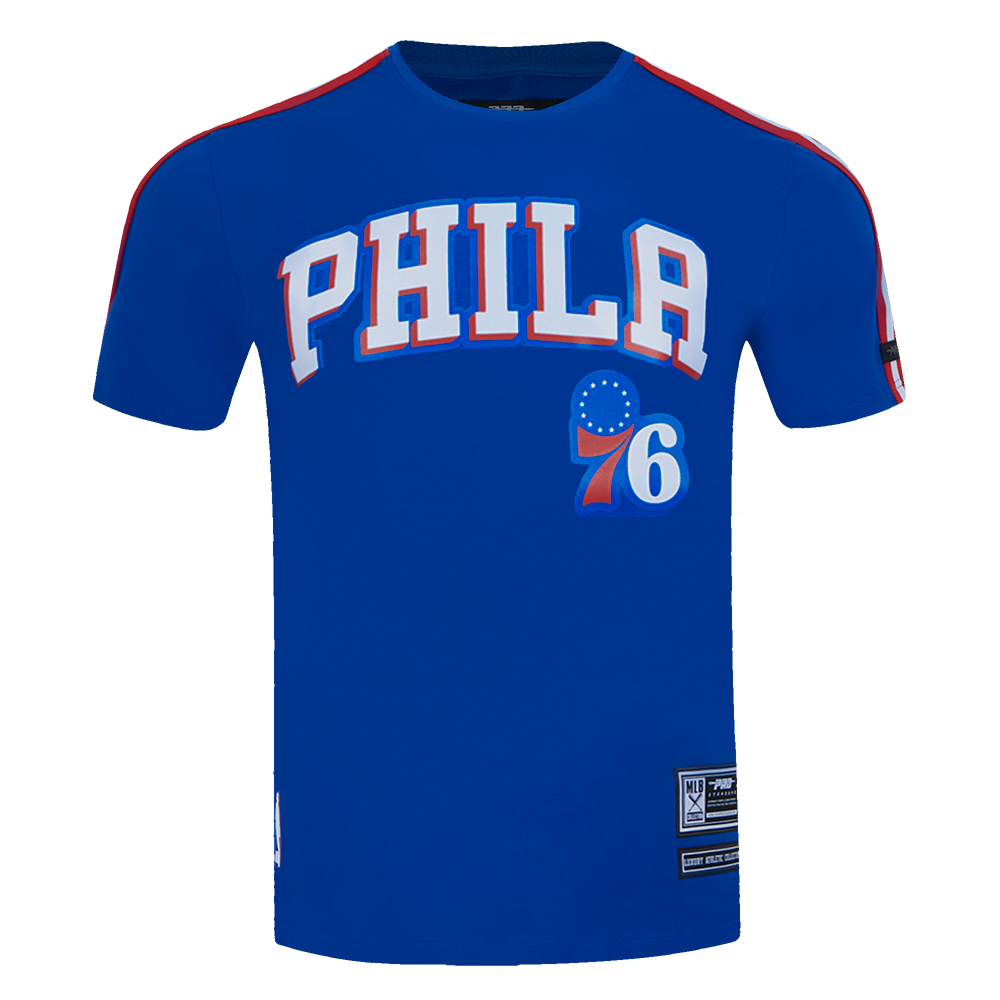 NBA PHILADELPHIA 76ERS CLASSIC T-SHIRT EN JERSEY SIMPLE À RAYURES POUR HOMME (BLEU ROYAL/ROUGE)