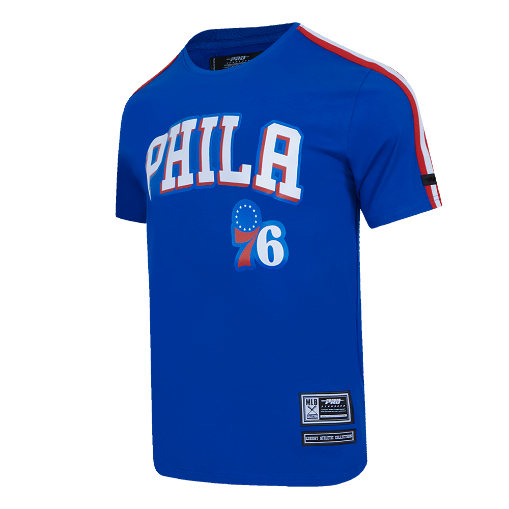 NBA PHILADELPHIA 76ERS CLASSIC T-SHIRT EN JERSEY SIMPLE À RAYURES POUR HOMME (BLEU ROYAL/ROUGE)