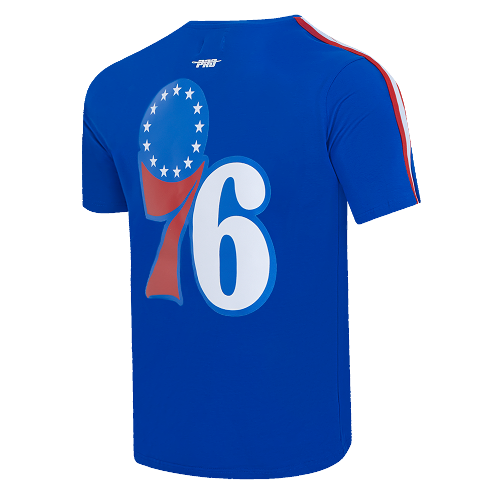 NBA PHILADELPHIA 76ERS CLASSIC T-SHIRT EN JERSEY SIMPLE À RAYURES POUR HOMME (BLEU ROYAL/ROUGE)
