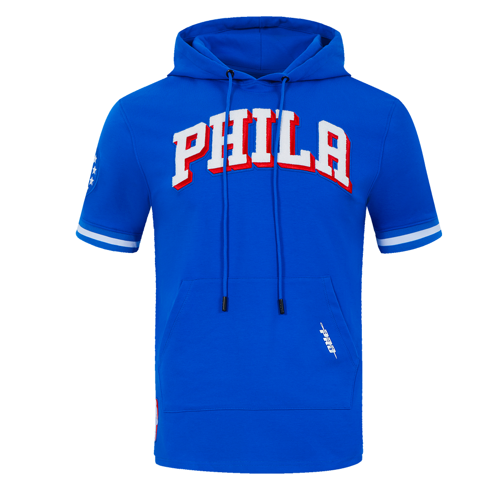 NBA PHILADELPHIA 76ERS CLASSIC CHENILLE MEN'S SHORT SLEEVE PULLOVER HOODIE (ROYAL BLUE)