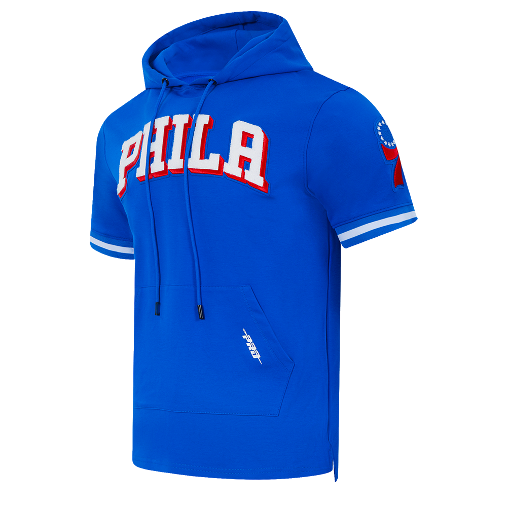 NBA PHILADELPHIA 76ERS CLASSIC CHENILLE MEN'S SHORT SLEEVE PULLOVER HOODIE (ROYAL BLUE)