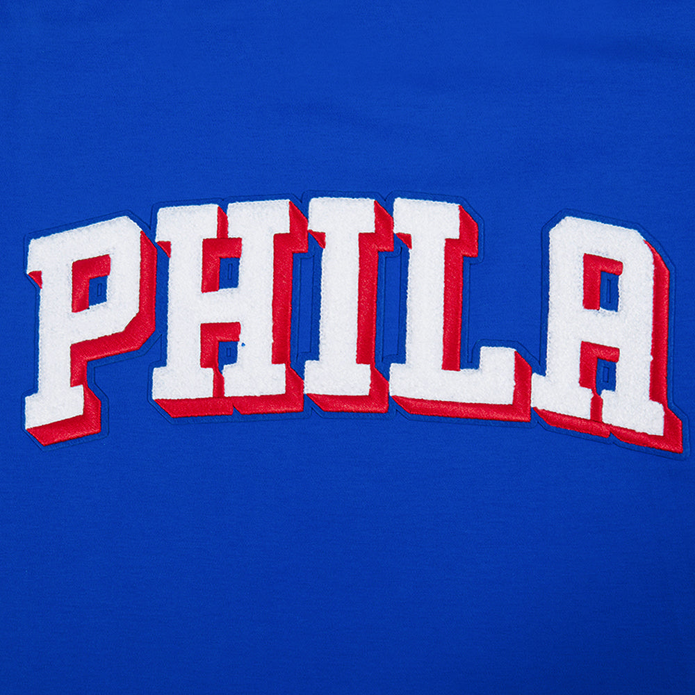 NBA PHILADELPHIA 76ERS CLASSIC CHENILLE MEN'S SHORT SLEEVE PULLOVER HOODIE (ROYAL BLUE)