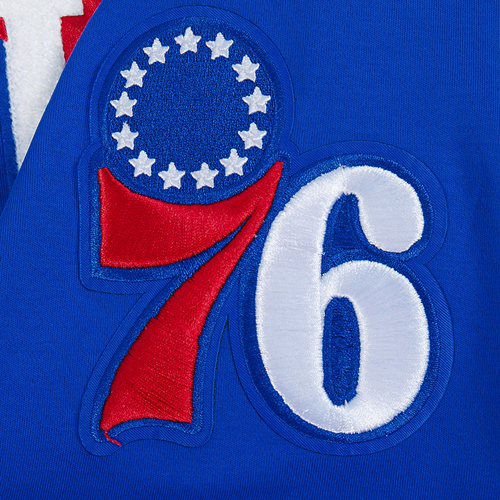 NBA PHILADELPHIA 76ERS CLASSIC CHENILLE MEN'S SHORT SLEEVE PULLOVER HOODIE (ROYAL BLUE)