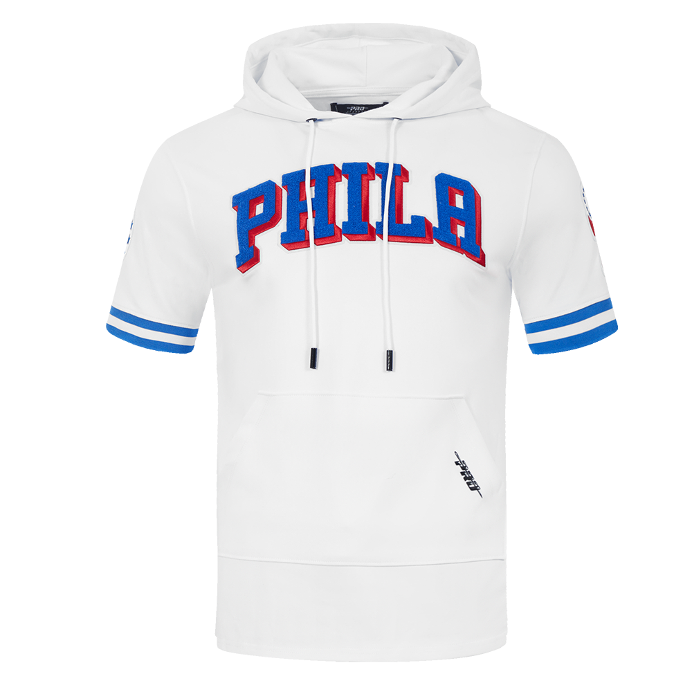 NBA PHILADELPHIA 76ERS CLASSIC CHENILLE CHANDAIL À CAPUCHON À MANCHES COURTES POUR HOMME (BLANC/BLEU ROYAL)