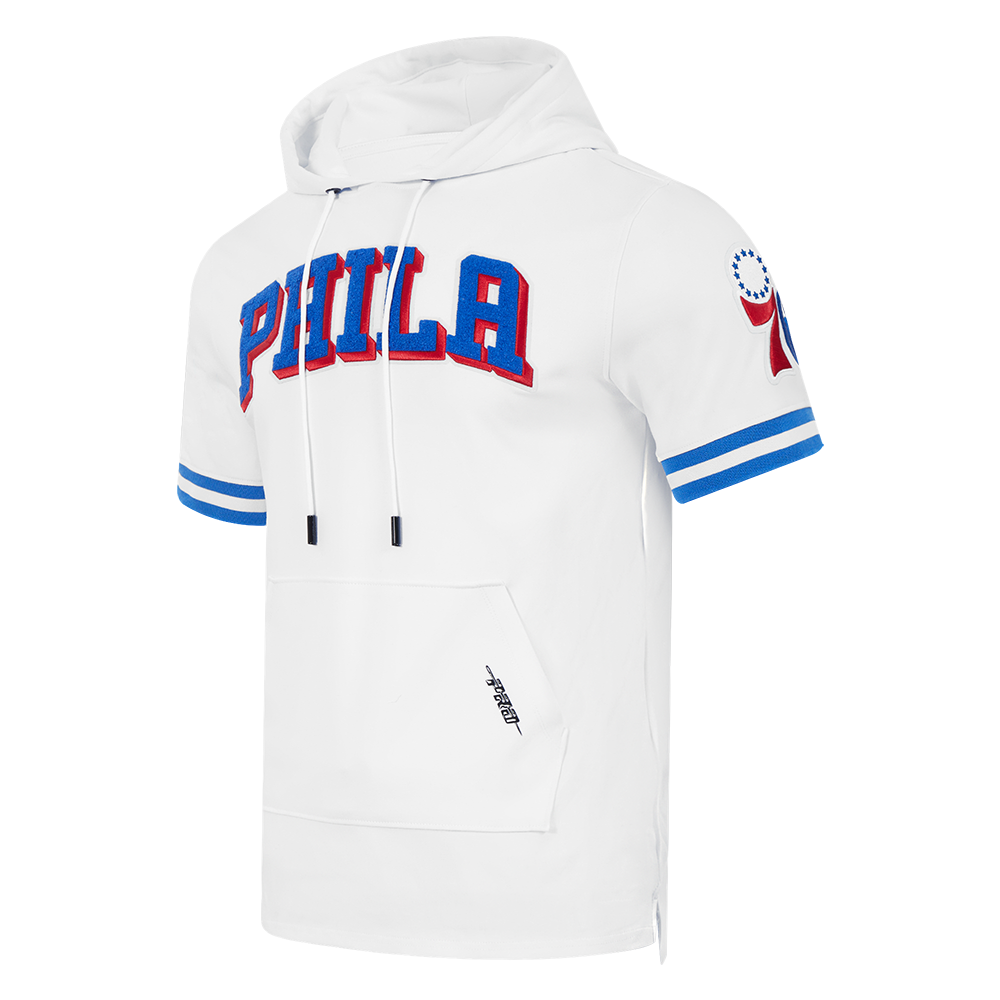 NBA PHILADELPHIA 76ERS CLASSIC CHENILLE MEN'S SHORT SLEEVE PULLOVER HOODIE (WHITE/ROYAL BLUE)