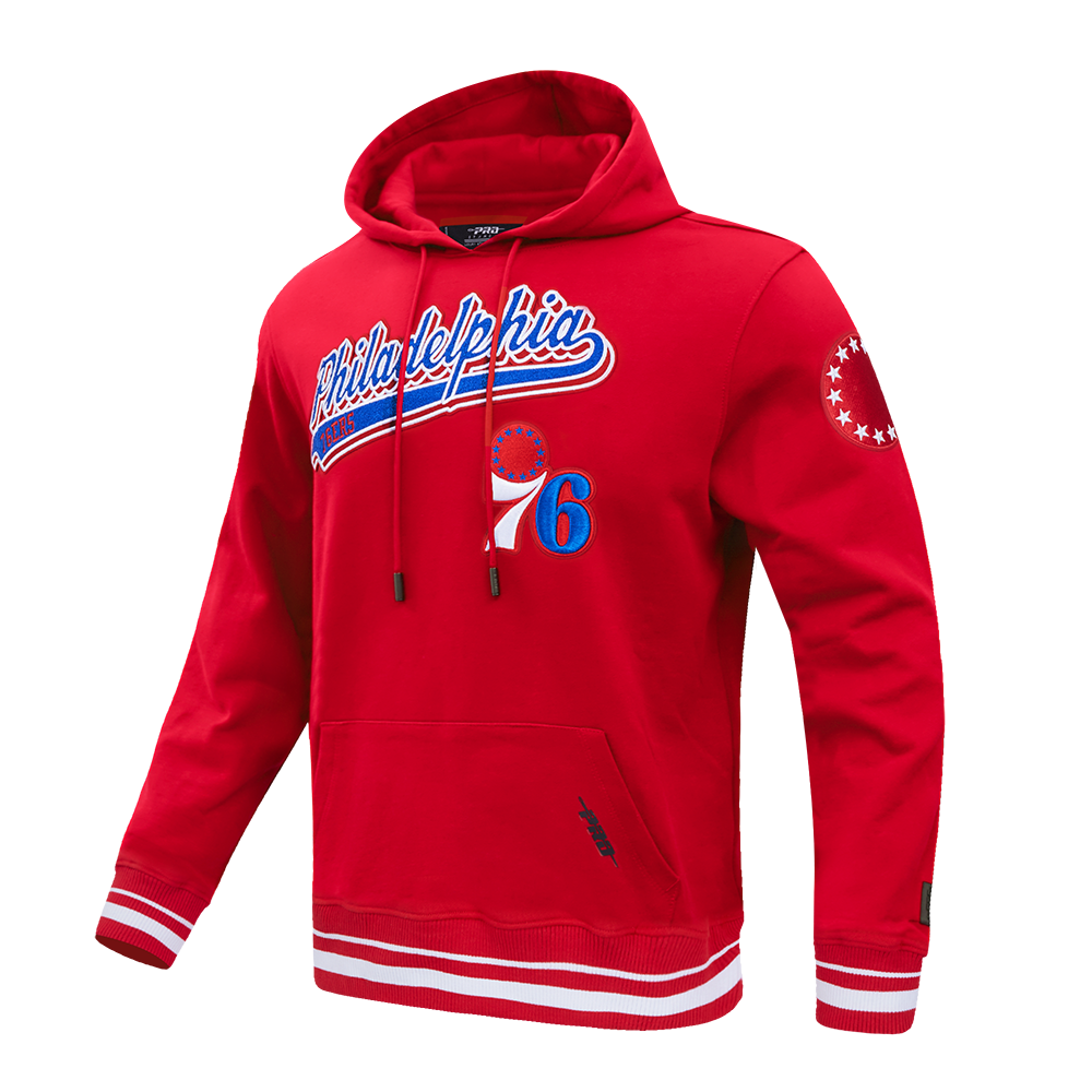 NBA PHILADELPHIA 76ers SCRIPT TAIL MEN'S RIB FLEECE PULLOVER HOODIE (RED)