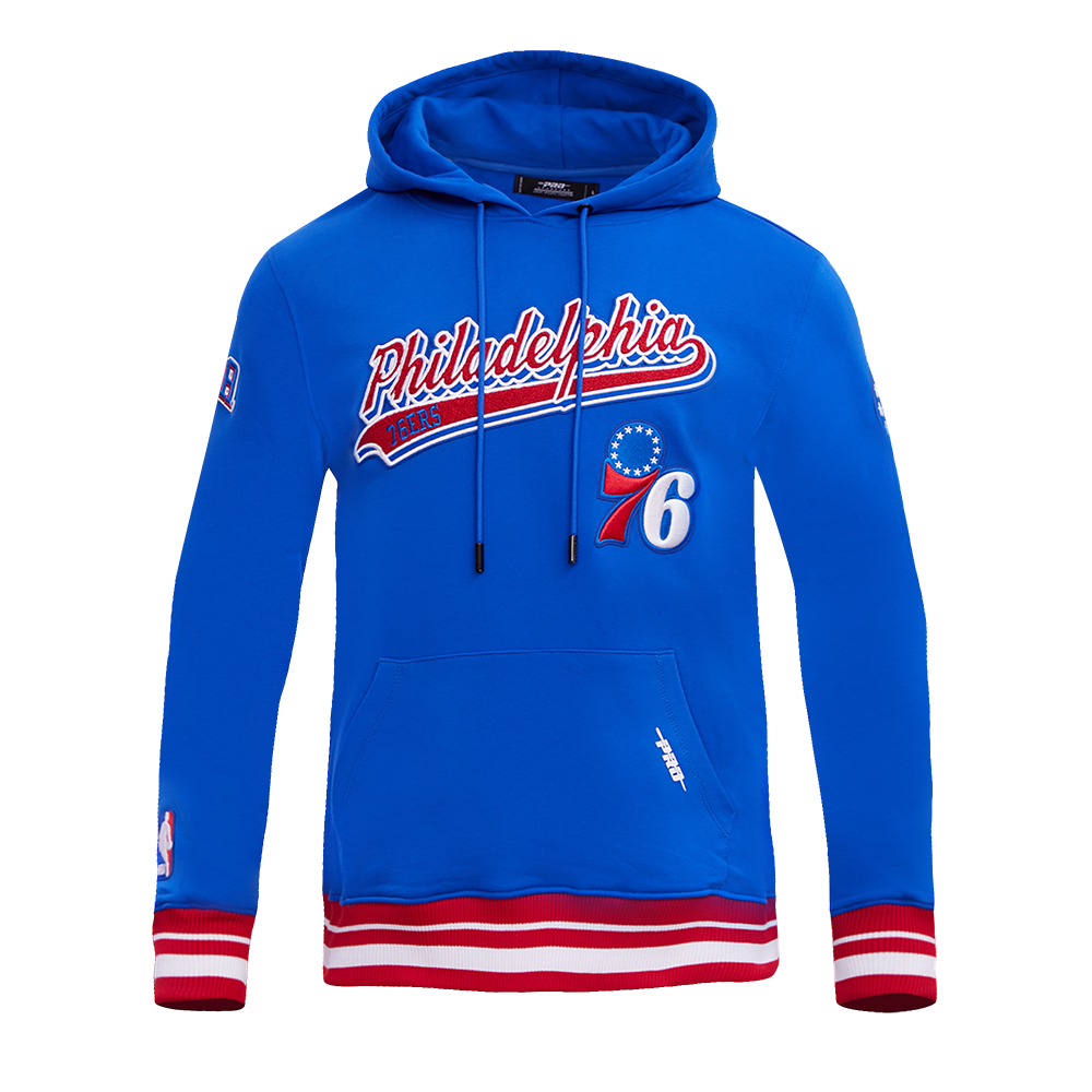 NBA PHILADELPHIA 76ERS SCRIPT TAIL CHANDAIL À CAPUCHON EN MOLLETON CÔTELÉ POUR HOMME (BLEU ROYAL/ROUGE)