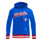 NBA PHILADELPHIA 76ERS SCRIPT TAIL CHANDAIL À CAPUCHON EN MOLLETON CÔTELÉ POUR HOMME (BLEU ROYAL/ROUGE)