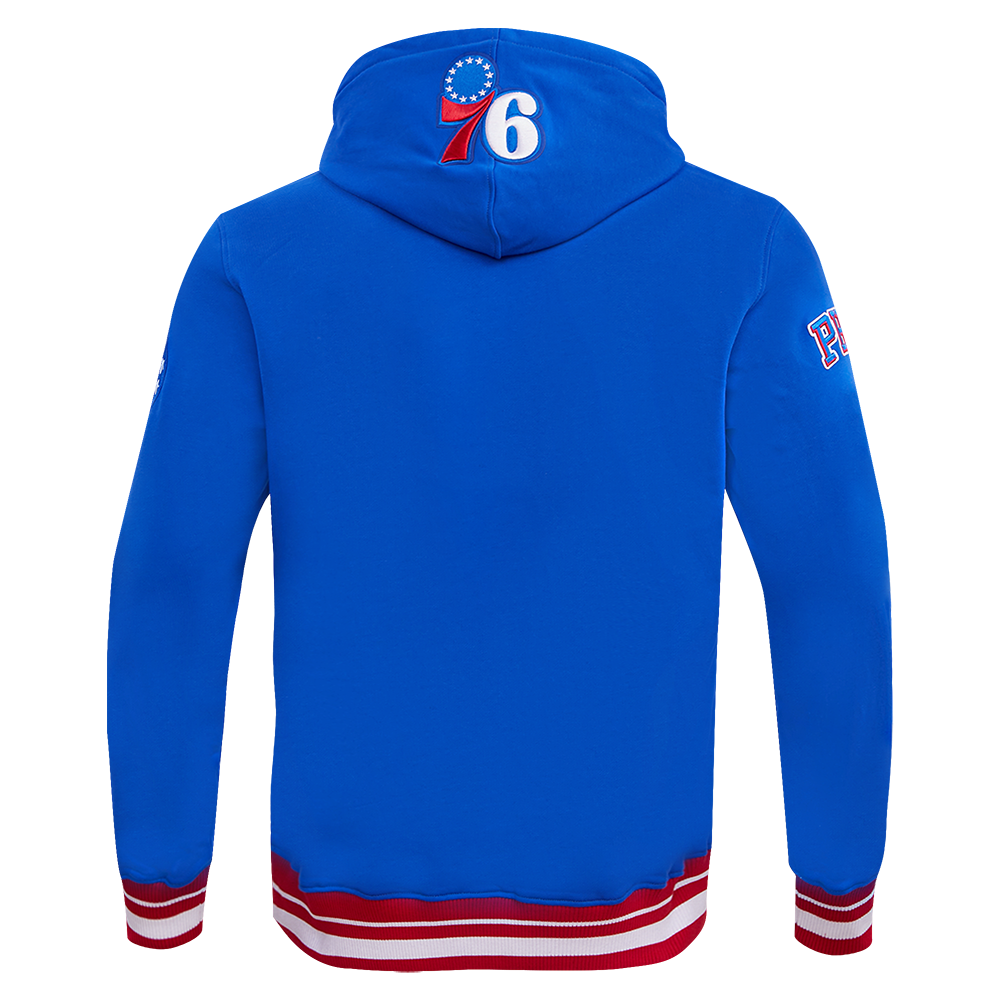 NBA PHILADELPHIA 76ERS SCRIPT TAIL CHANDAIL À CAPUCHON EN MOLLETON CÔTELÉ POUR HOMME (BLEU ROYAL/ROUGE)