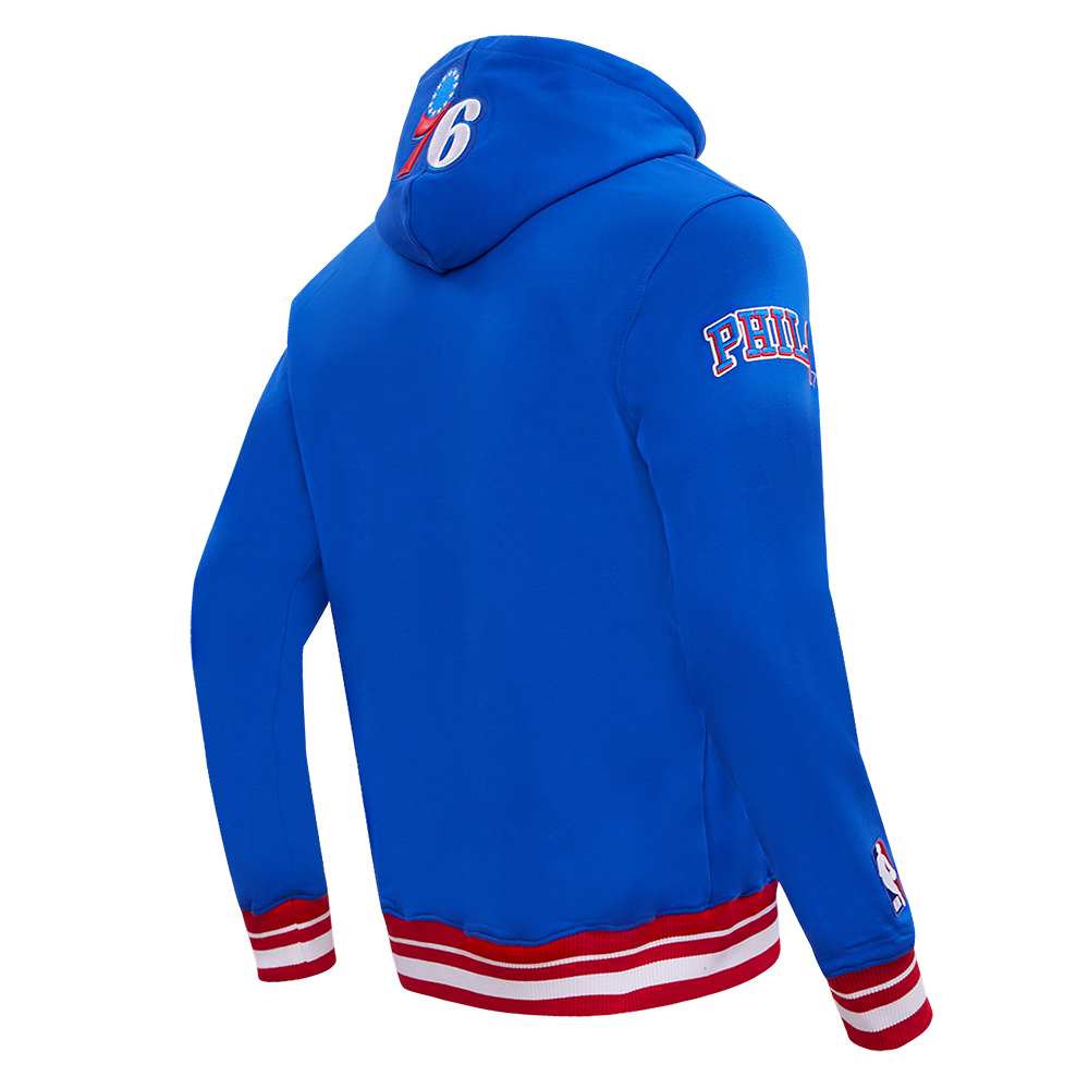 NBA PHILADELPHIA 76ERS SCRIPT TAIL CHANDAIL À CAPUCHON EN MOLLETON CÔTELÉ POUR HOMME (BLEU ROYAL/ROUGE)