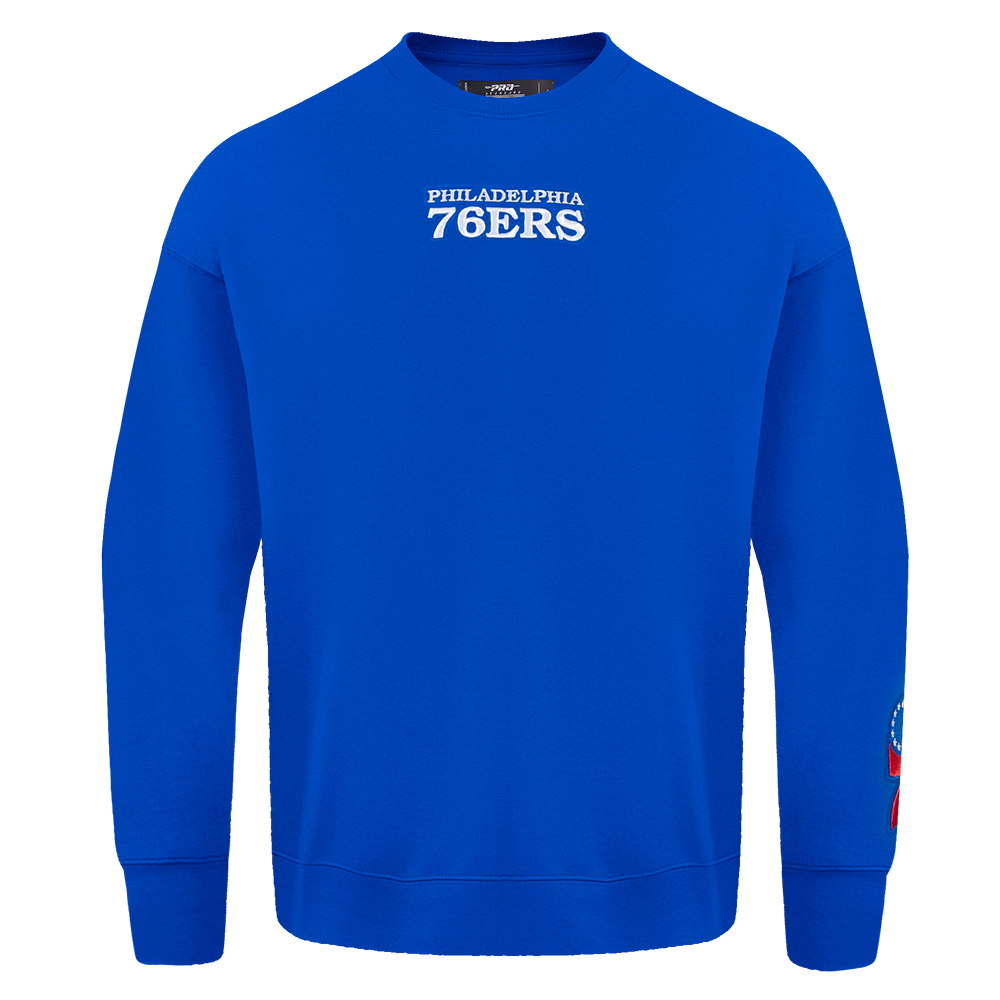 NBA PHILADELPHIA 76ERS WINGSPAN MEN'S DROP SHOULDER FLEECE CREWNECK (ROYAL BLUE)