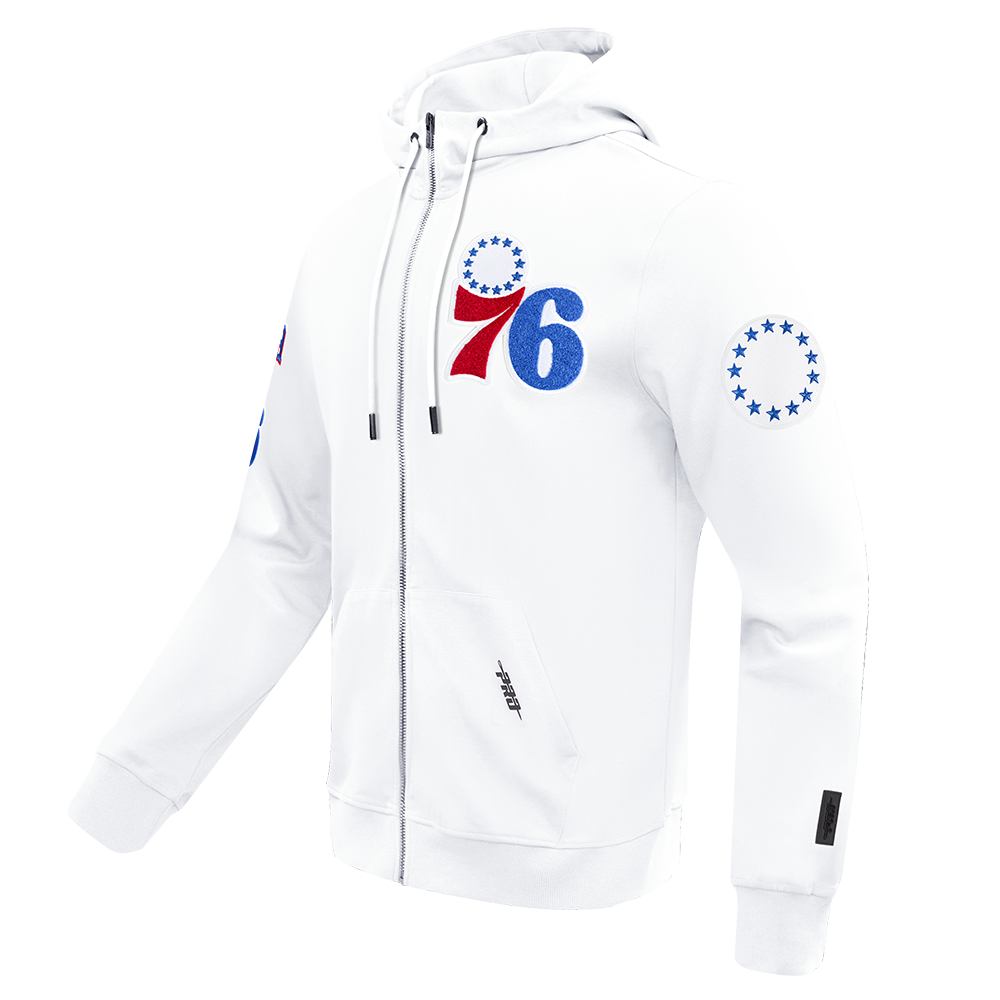 NBA PHILADELPHIA 76ERS CLASSIC CHENILLE MEN'S FULL ZIP PULLOVER HOODIE (WHITE)