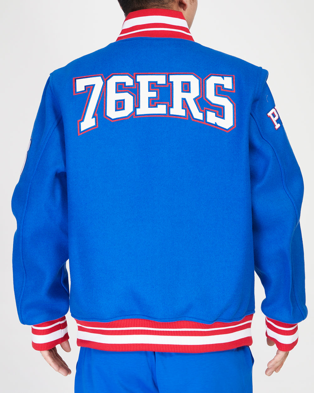 NBA PHILADELPHIA 76ERS CREST EMBLEM MEN'S RIB WOOL VARSITY JACKET (ROYAL BLUE/RED)