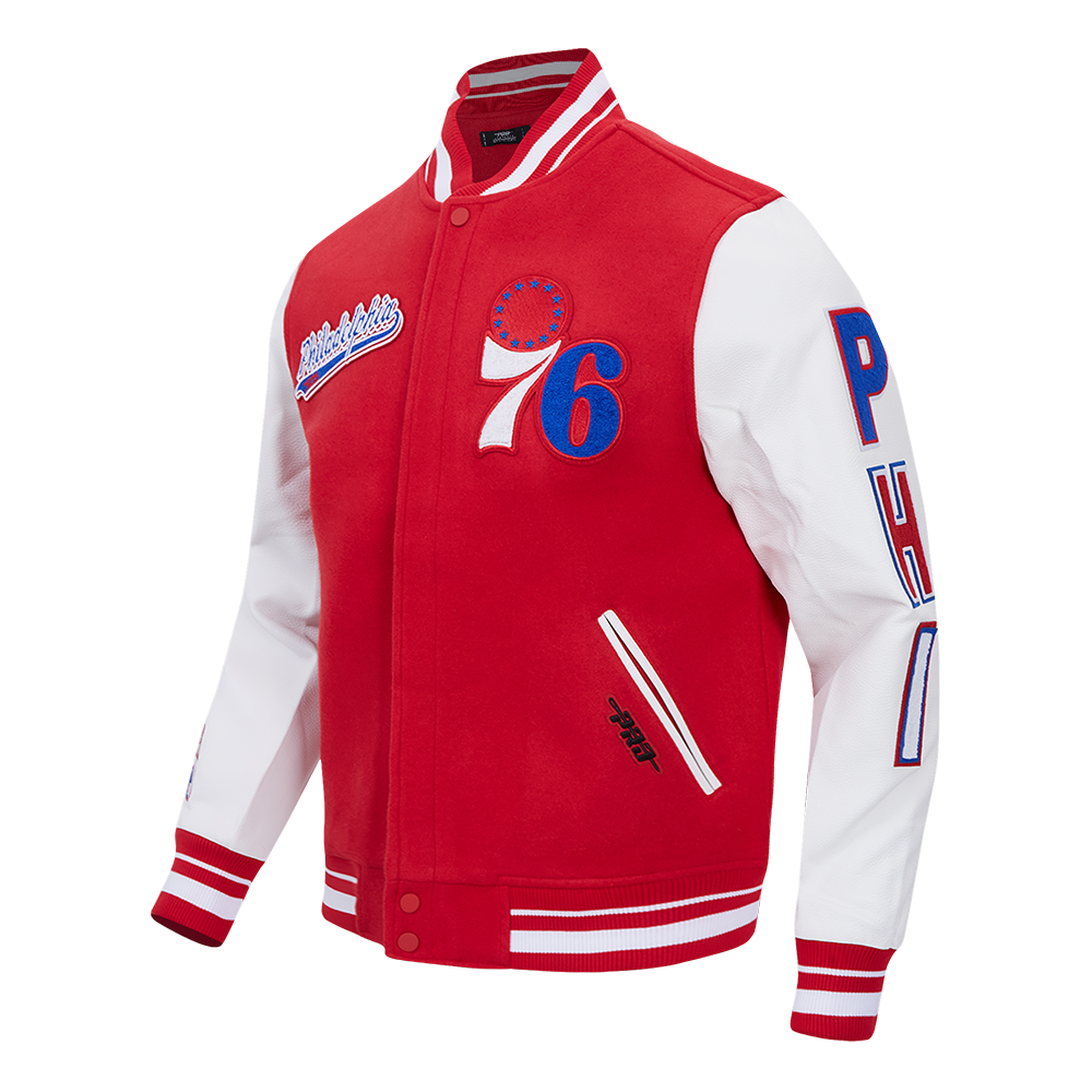 NBA PHILADELPHIA 76ERS SCRIPT TAIL MEN'S VARSITY JACKET (RED/WHITE)