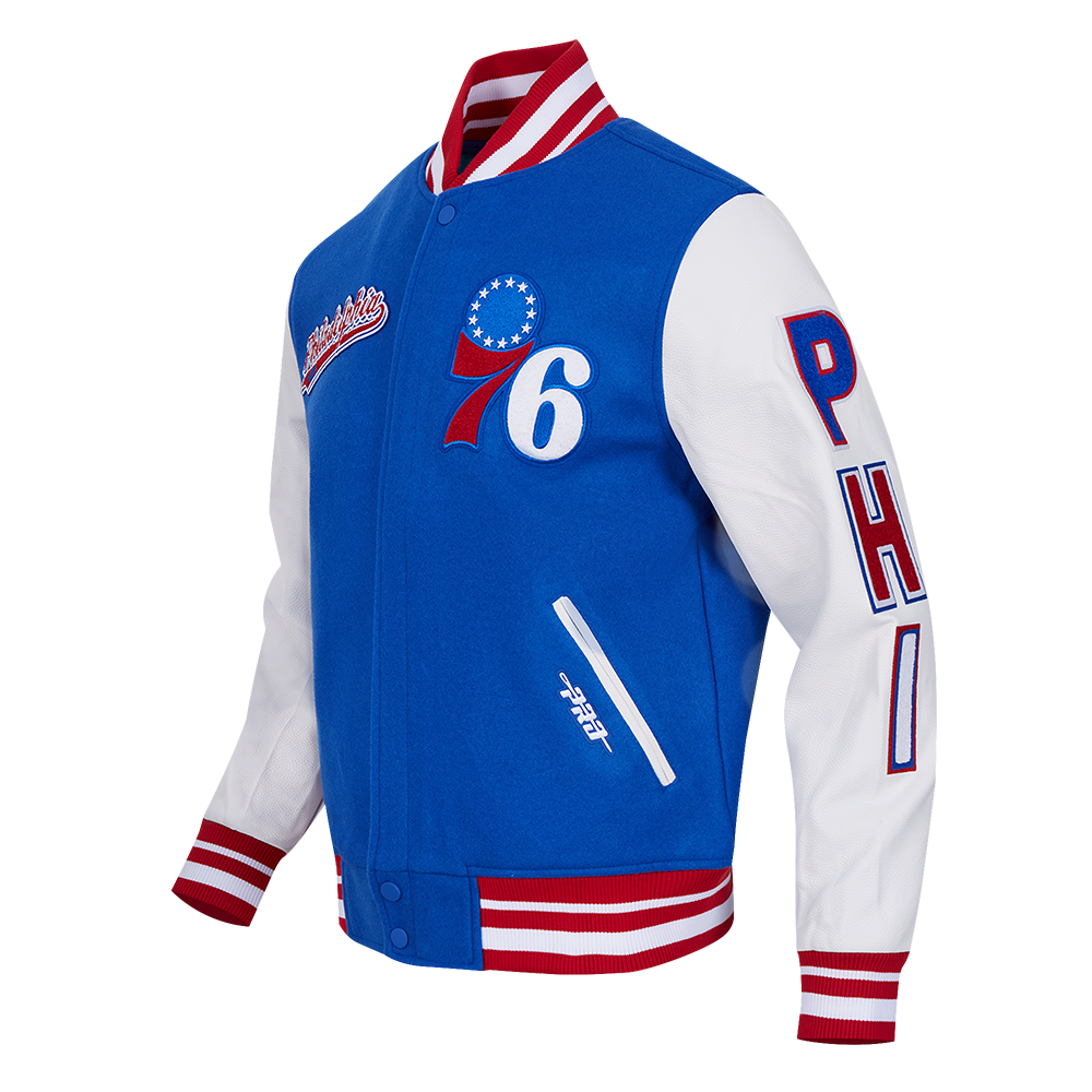 NBA PHILADELPHIA 76ERS SCRIPT TAIL MEN'S VARSITY JACKET (ROYAL BLUE/RED)