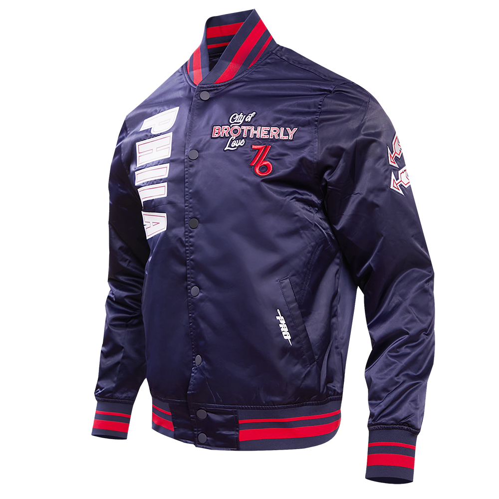 NBA PHILADELPHIA 76ERS CHEST CITY OF BROTHERLY LOVE MEN'S RIB SATIN JACKE (MIDNIGHT NAVY/RED/MIDNIGHT NAVY)