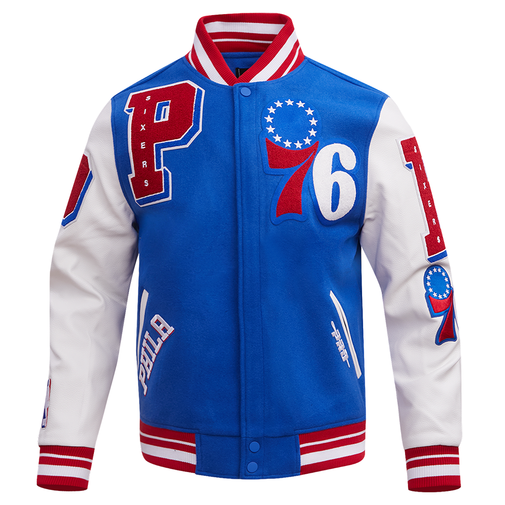 NBA PHILADELPHIA 76ERS MASH UP BLOUSON COLLÉGIAL EN LAINE À BORDS CÔTELÉS POUR HOMME (BLEU ROYAL/ROUGE)