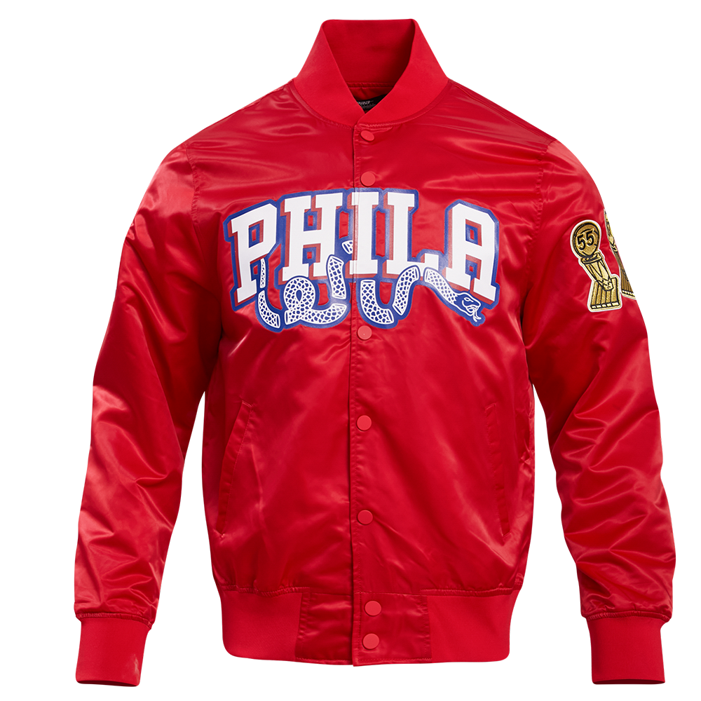 NBA PHILADELPHIA 76ERS BLOUSON EN SATIN À GRAND LOGO POUR HOMME (ROUGE)