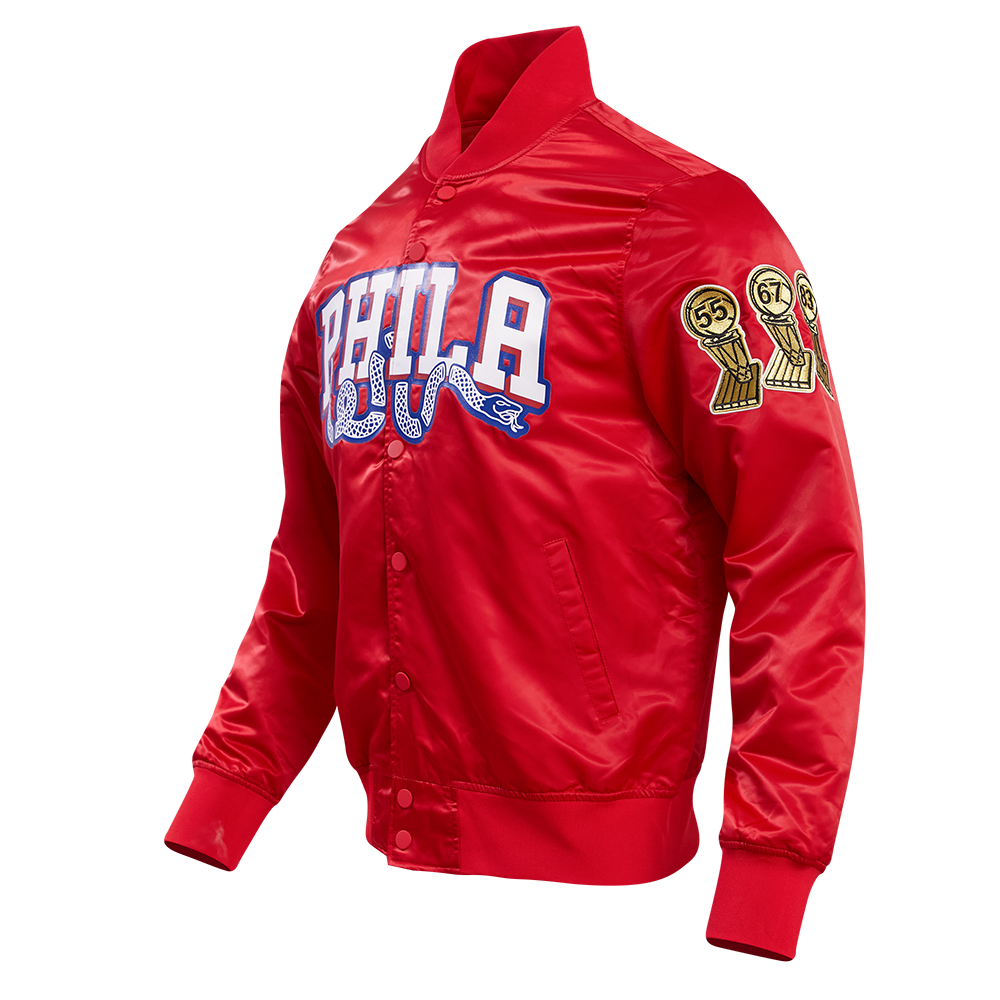 NBA PHILADELPHIA 76ERS BLOUSON EN SATIN À GRAND LOGO POUR HOMME (ROUGE)