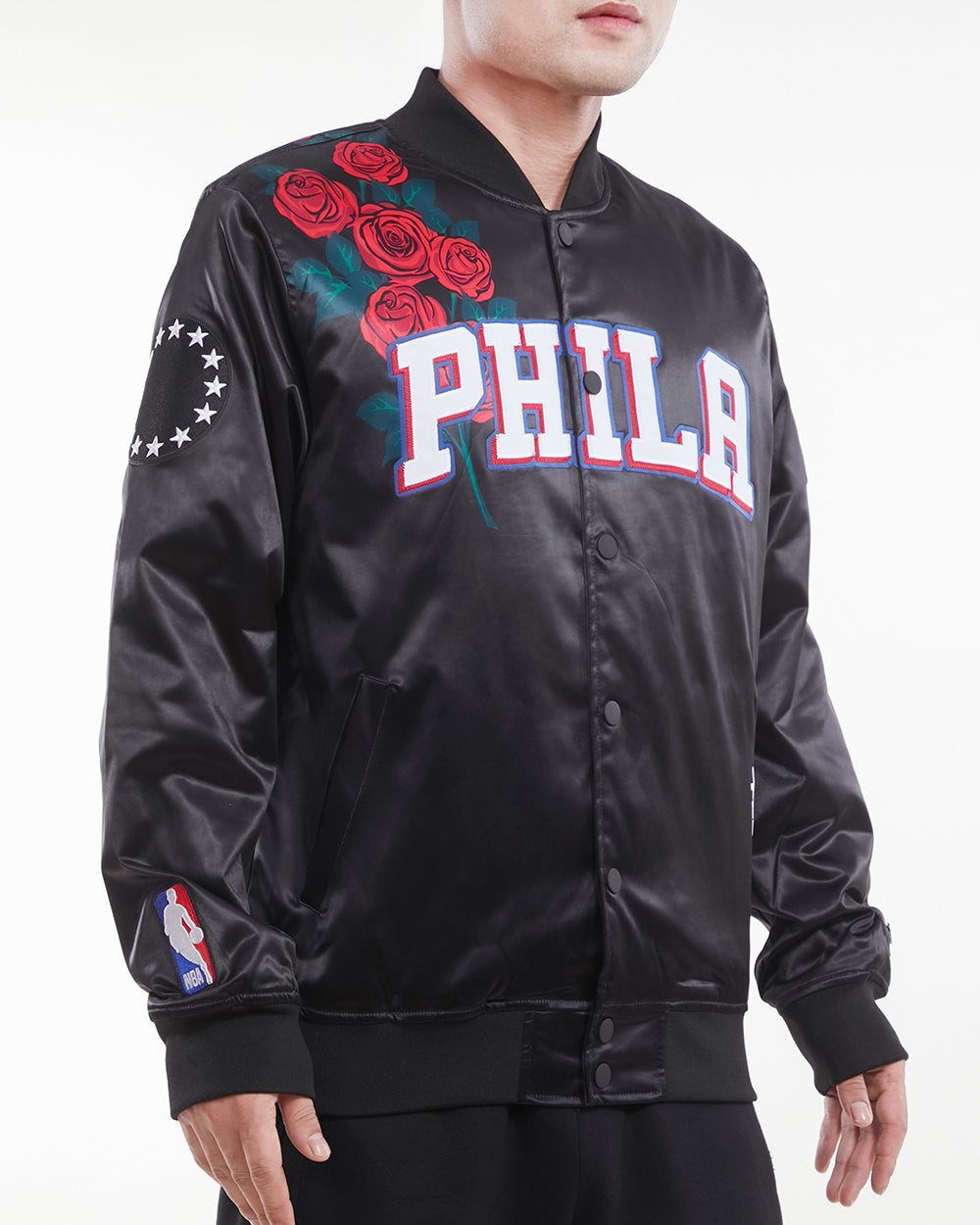 NBA PHILADELPHIA 76ERS ROSES MEN'S SATIN JACKET (BLACK)
