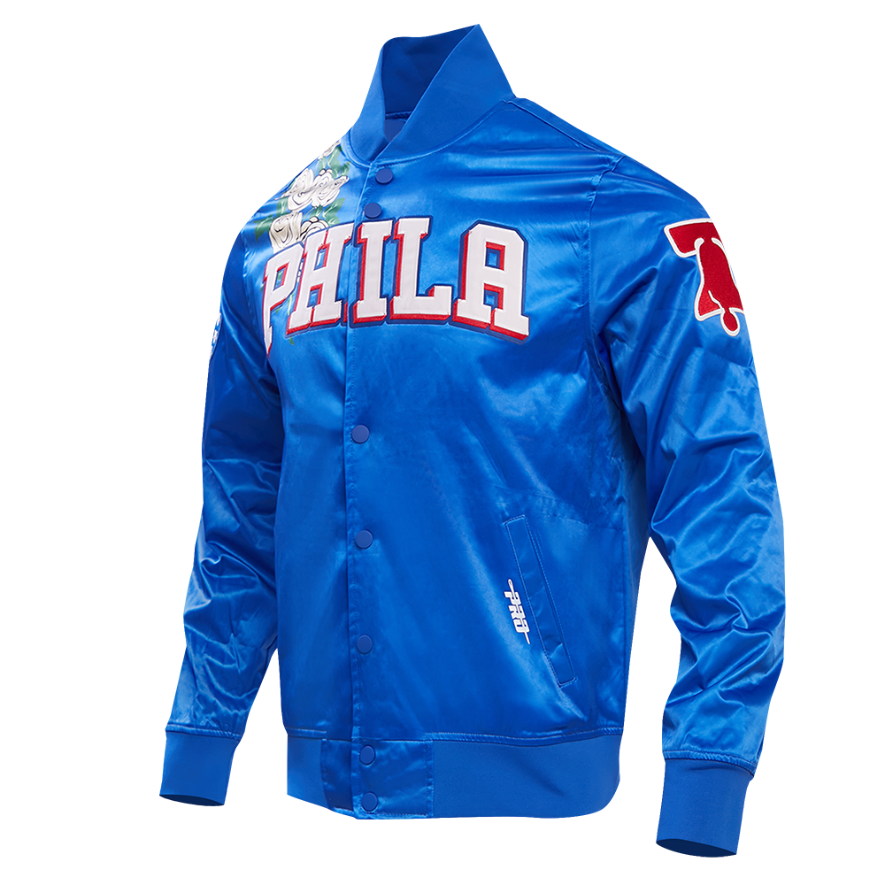 NBA PHILADELPHIA 76ERS ROSES MEN'S SATIN JACKET (ROYAL BLUE/MULTI)