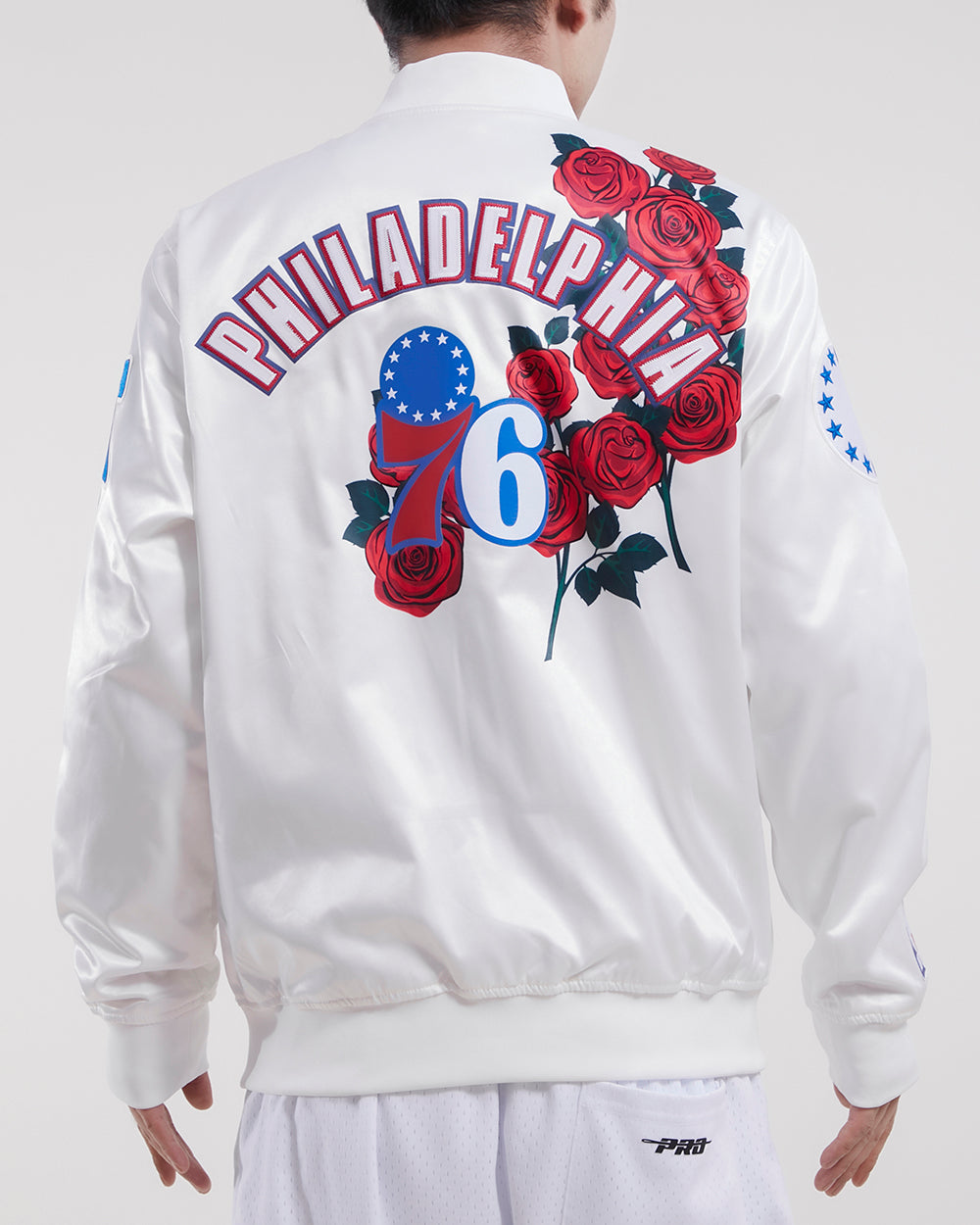 NBA PHILADELPHIA 76ERS ROSES MEN'S SATIN JACKET (WHITE)