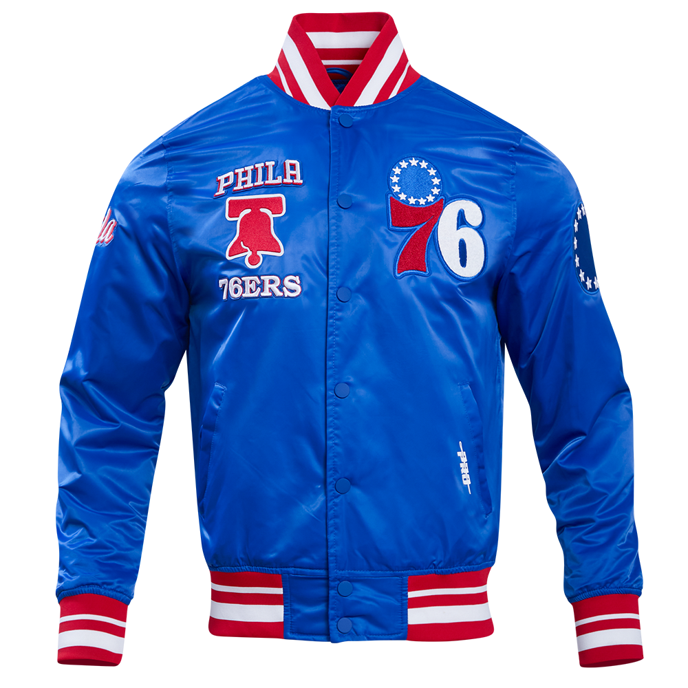NBA PHILADELPHIA 76ERS RETRO CLASSIC BLOUSON EN SATIN À BORDS CÔTELÉS POUR HOMME (BLEU ROYAL/ROUGE)